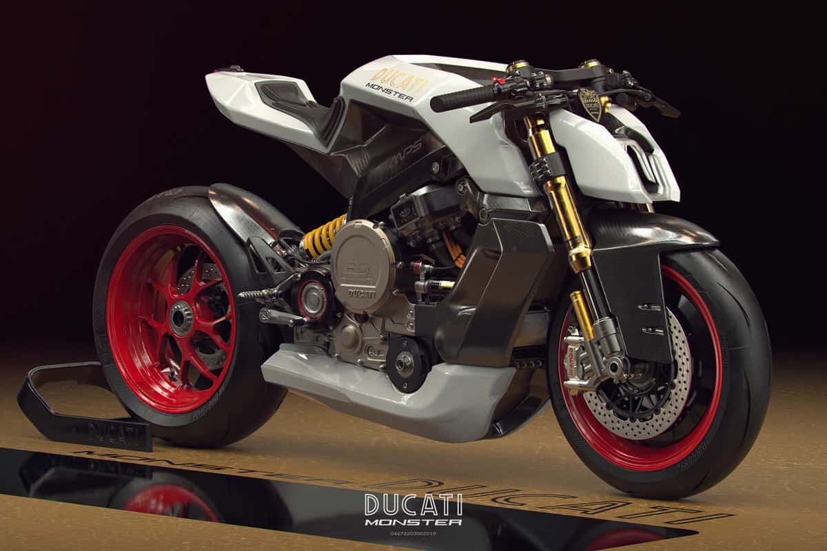 In verschiedenen Farbvariationen spielt Filippo Ubertino mit seiner virtuellen Ducati E-Monster