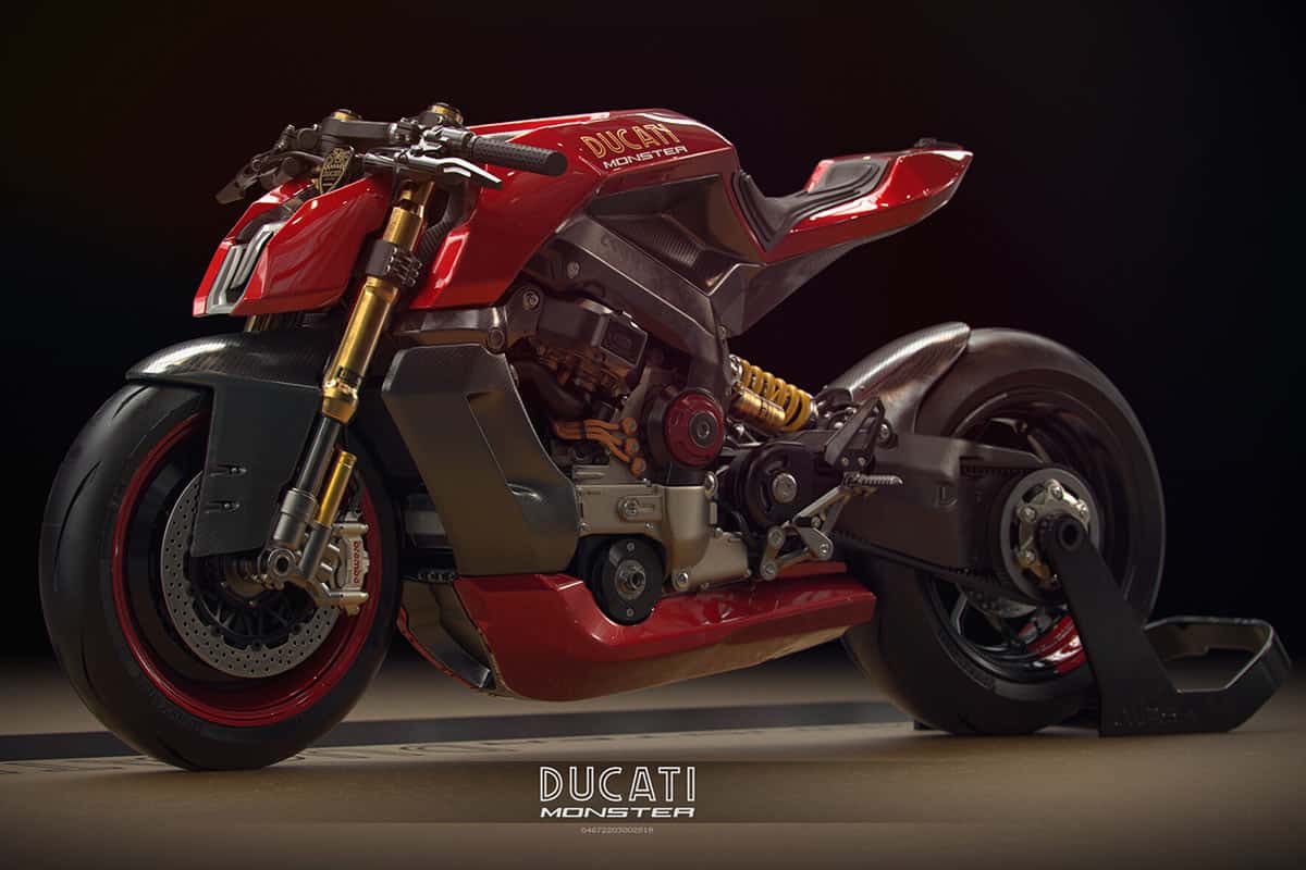 Realistische Darstellung der Ducati E-Monster mit viel Carbon und einer Einarmschwinge